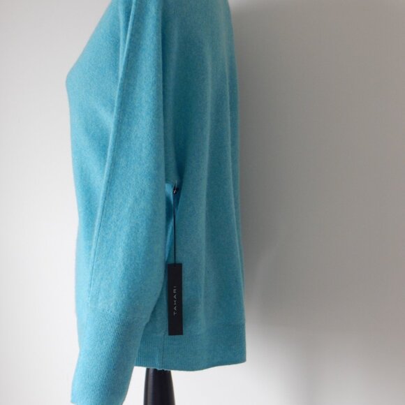 TAHARI Luxe100% 2- PLY CASHMERE Sweater Wholecut Sleeve Round Neck Turquoise NWT - Picture 3 of 6